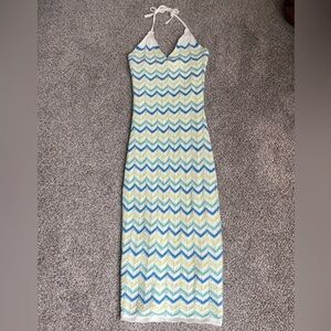 Freshman 1996 Pointelle Chevron Knit‎ Fitted Maxi Dress Halter V-Neck Size S
